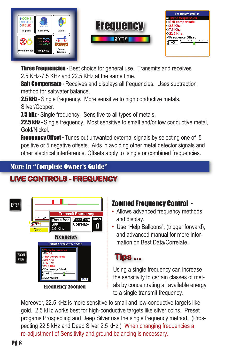 Frequency, Tips | White’s Electronics Spectra V3 Field Guide User Manual | Page 8 / 12