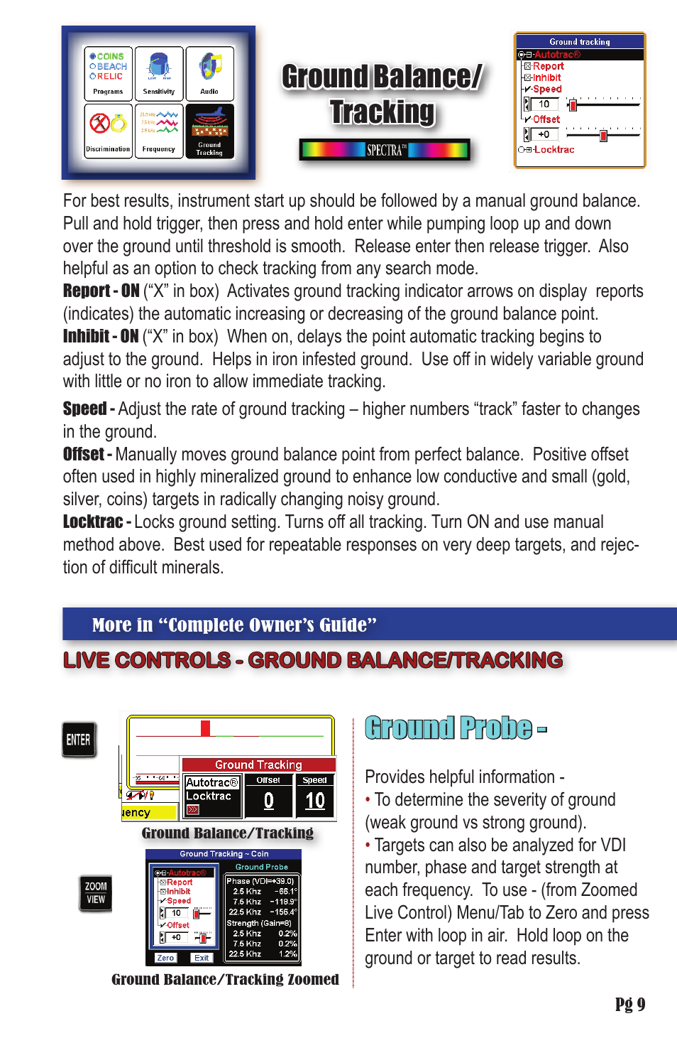 Ground balance/ tracking, Ground probe | White’s Electronics Spectra V3 Field Guide User Manual | Page 9 / 12