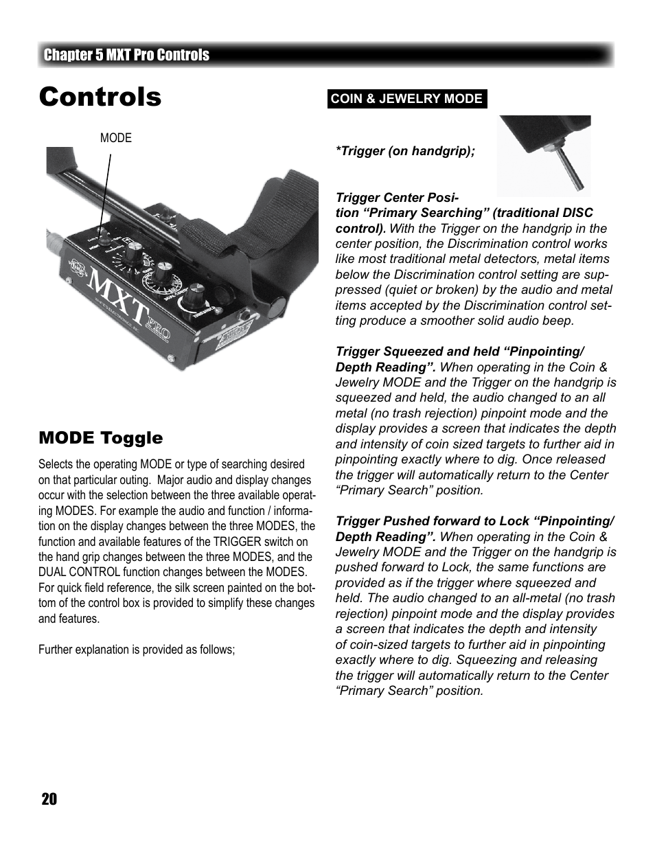 Controls, Mode toggle | White’s Electronics MXT Pro User Manual | Page 20 / 40