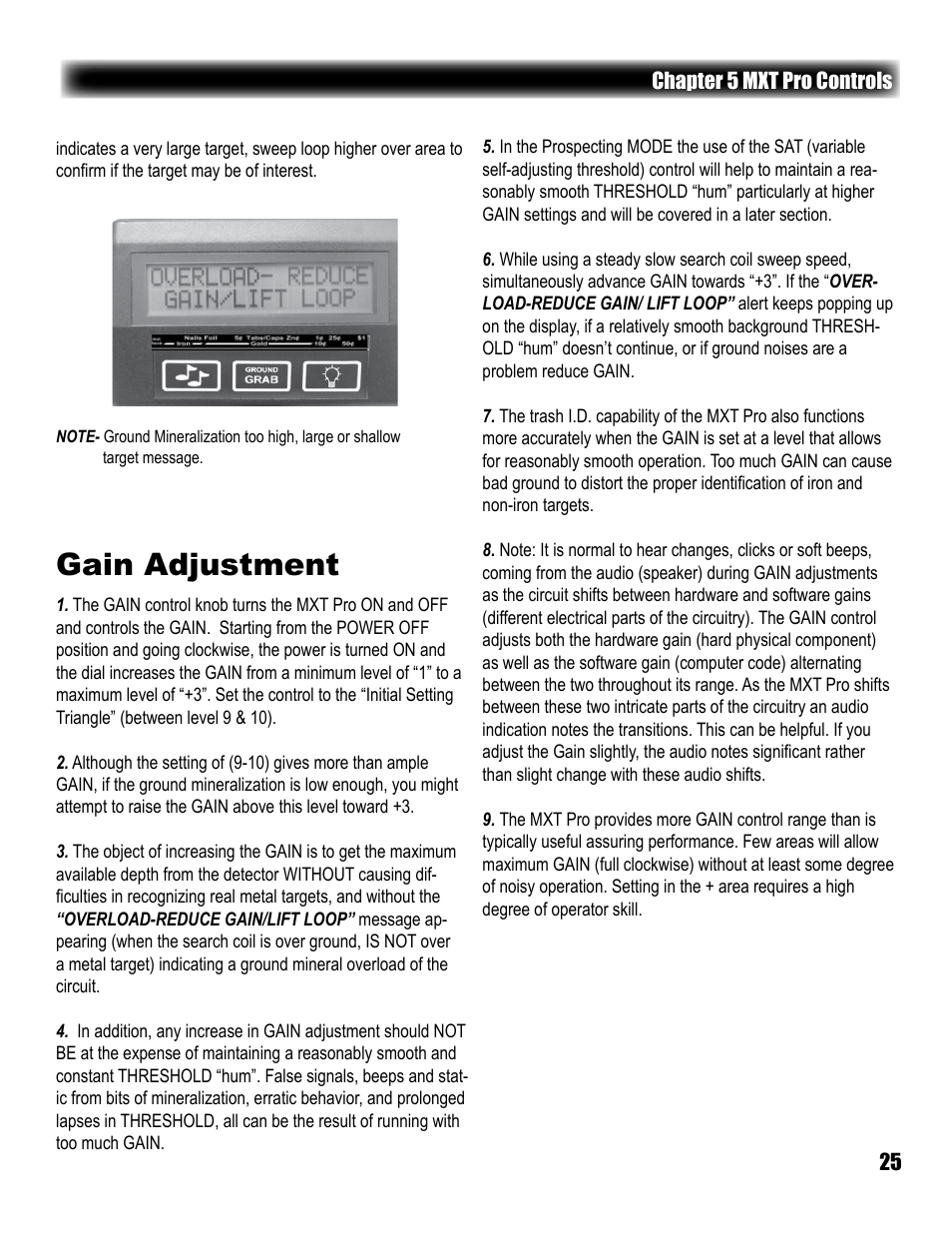 Gain adjustment | White’s Electronics MXT Pro User Manual | Page 25 / 40