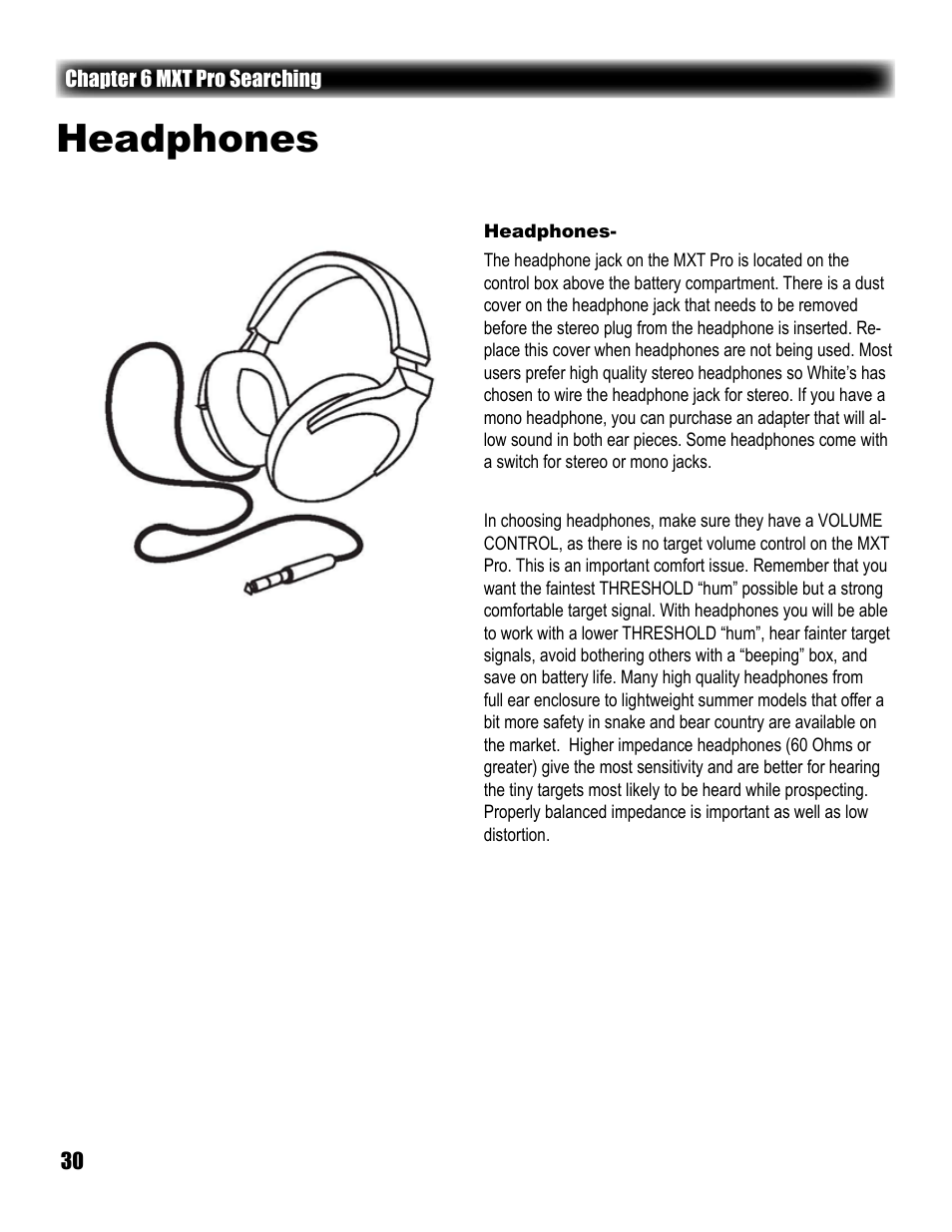 Headphones | White’s Electronics MXT Pro User Manual | Page 30 / 40