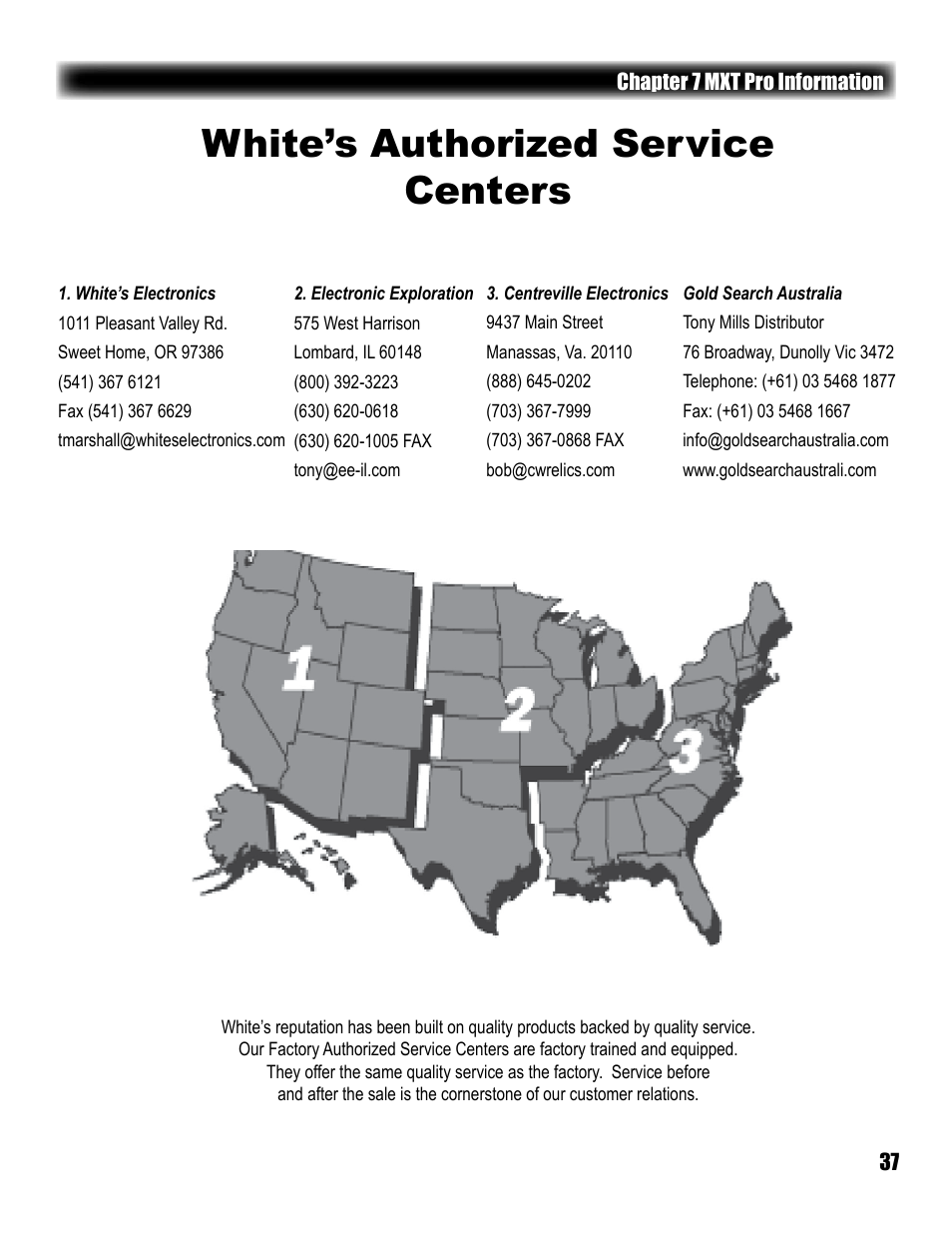 White’s authorized service centers | White’s Electronics MXT Pro User Manual | Page 37 / 40