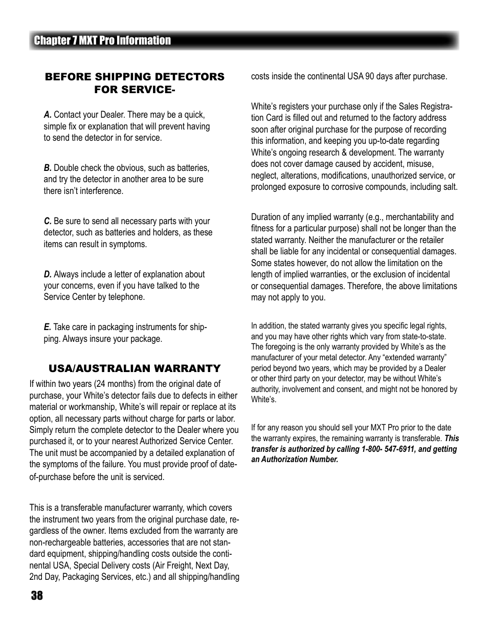 White’s Electronics MXT Pro User Manual | Page 38 / 40