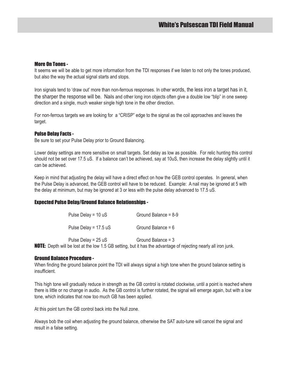 White’s pulsescan tdi field manual | White’s Electronics Classic 1 SL User Manual | Page 11 / 16