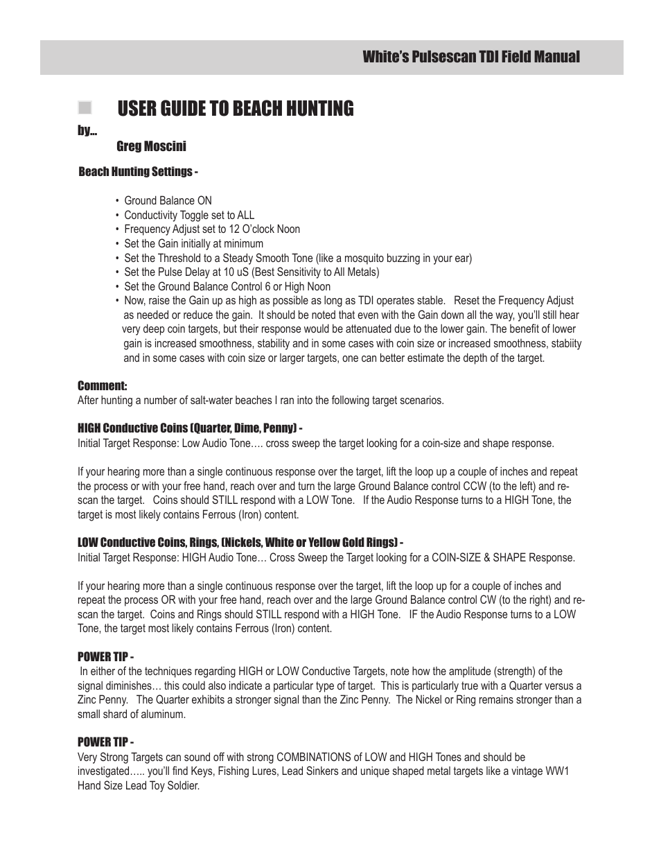 User guide to beach hunting, White’s pulsescan tdi field manual | White’s Electronics Classic 1 SL User Manual | Page 13 / 16