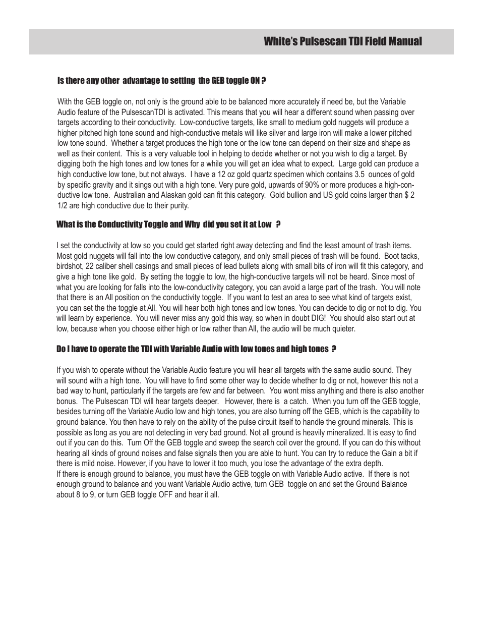 White’s pulsescan tdi field manual | White’s Electronics Classic 1 SL User Manual | Page 7 / 16