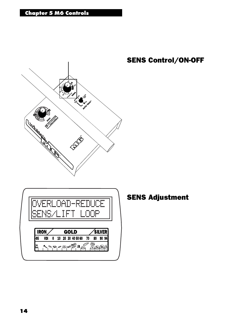 Sens control/on-off, Sens adjustment | White’s Electronics M6 User Manual | Page 16 / 32