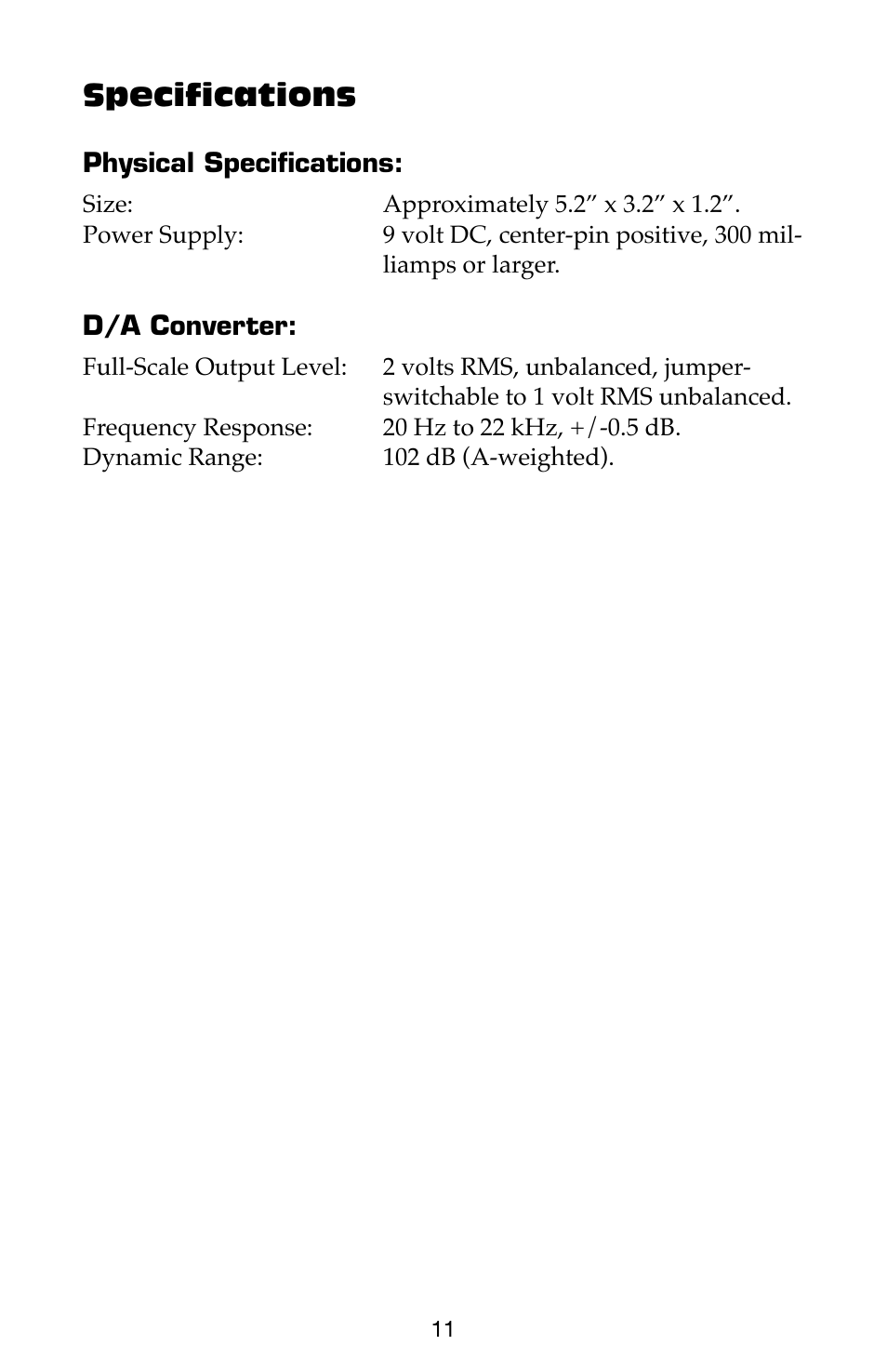 Specifications | M-AUDIO Flying Cow User Manual | Page 11 / 12