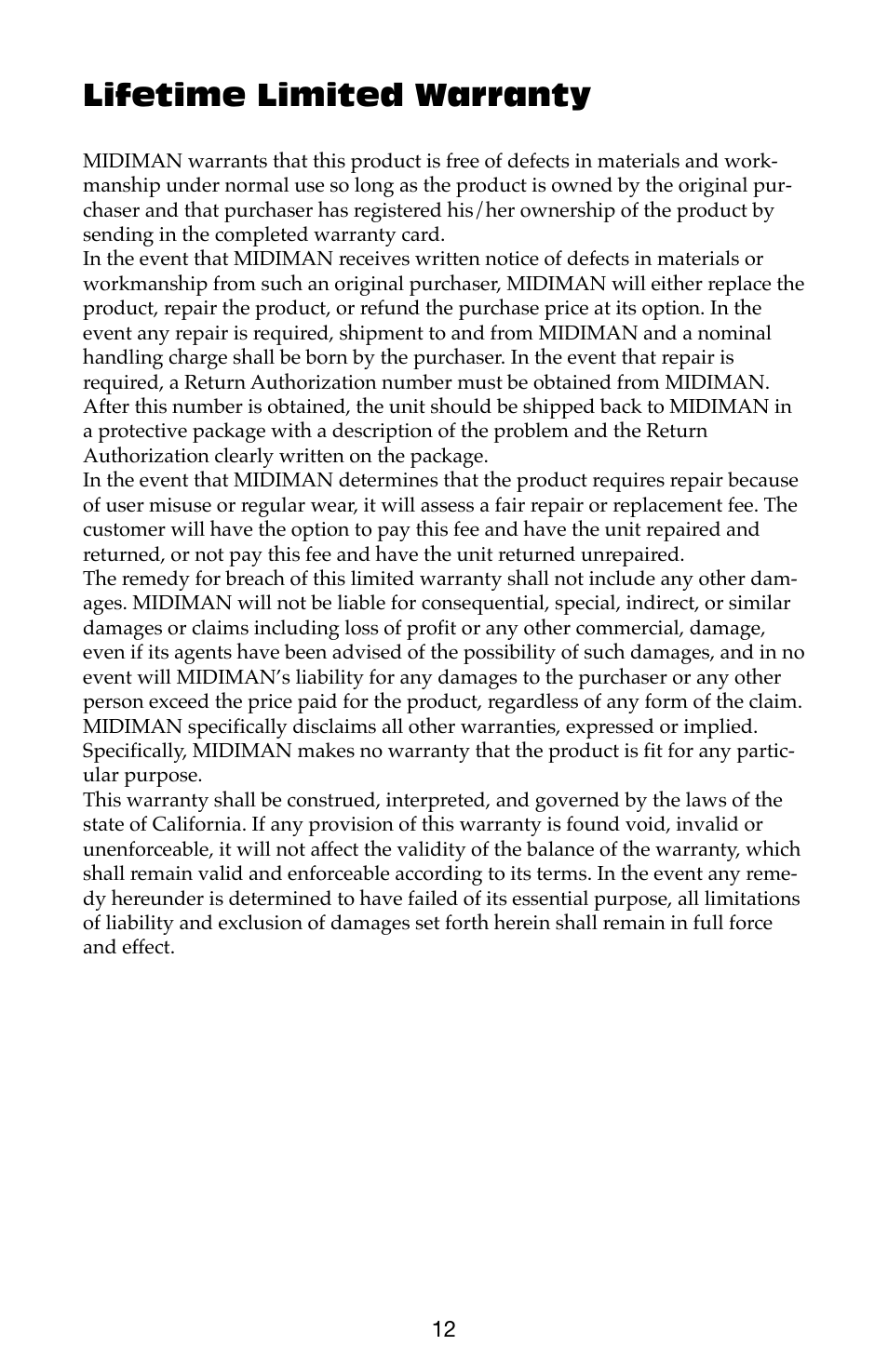 Lifetime limited warranty | M-AUDIO Flying Cow User Manual | Page 12 / 12