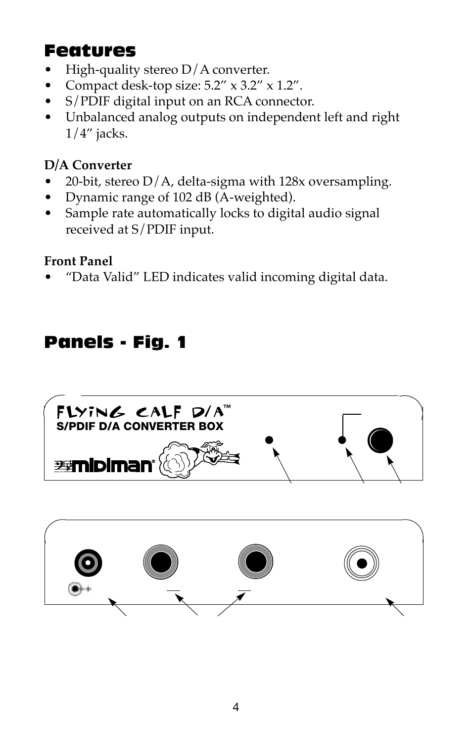 Features, Panels - fig. 1, Flying calf d/a | M-AUDIO Flying Cow User Manual | Page 4 / 12