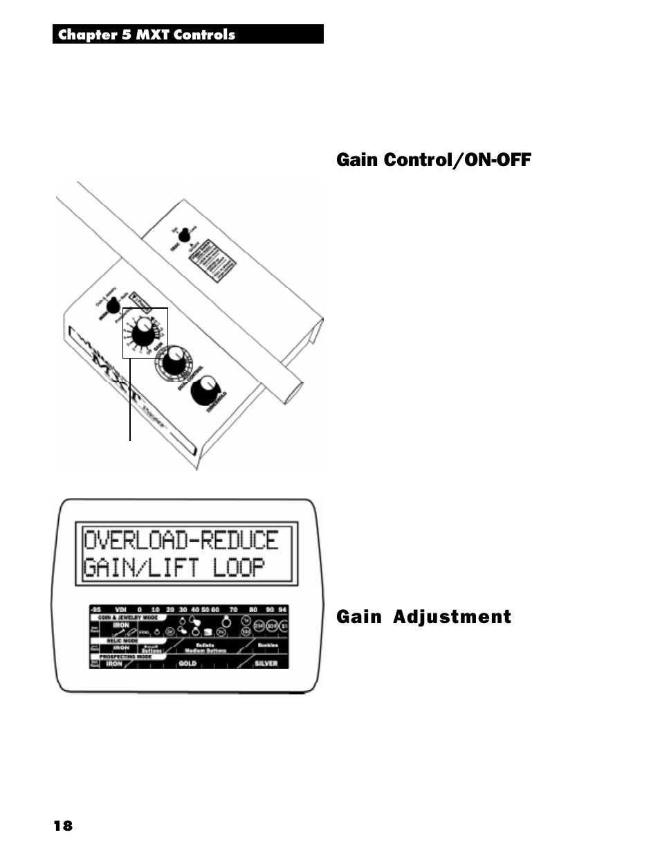 Gain control/on-off, Gain adjustment | White’s Electronics MXT User Manual | Page 20 / 40