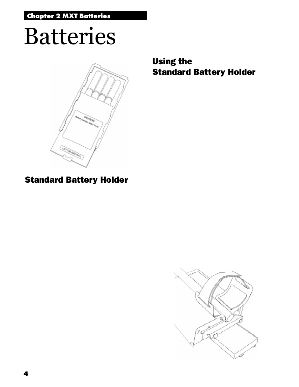 Batteries, Using the standard battery holder, Standard battery holder | White’s Electronics MXT User Manual | Page 6 / 40