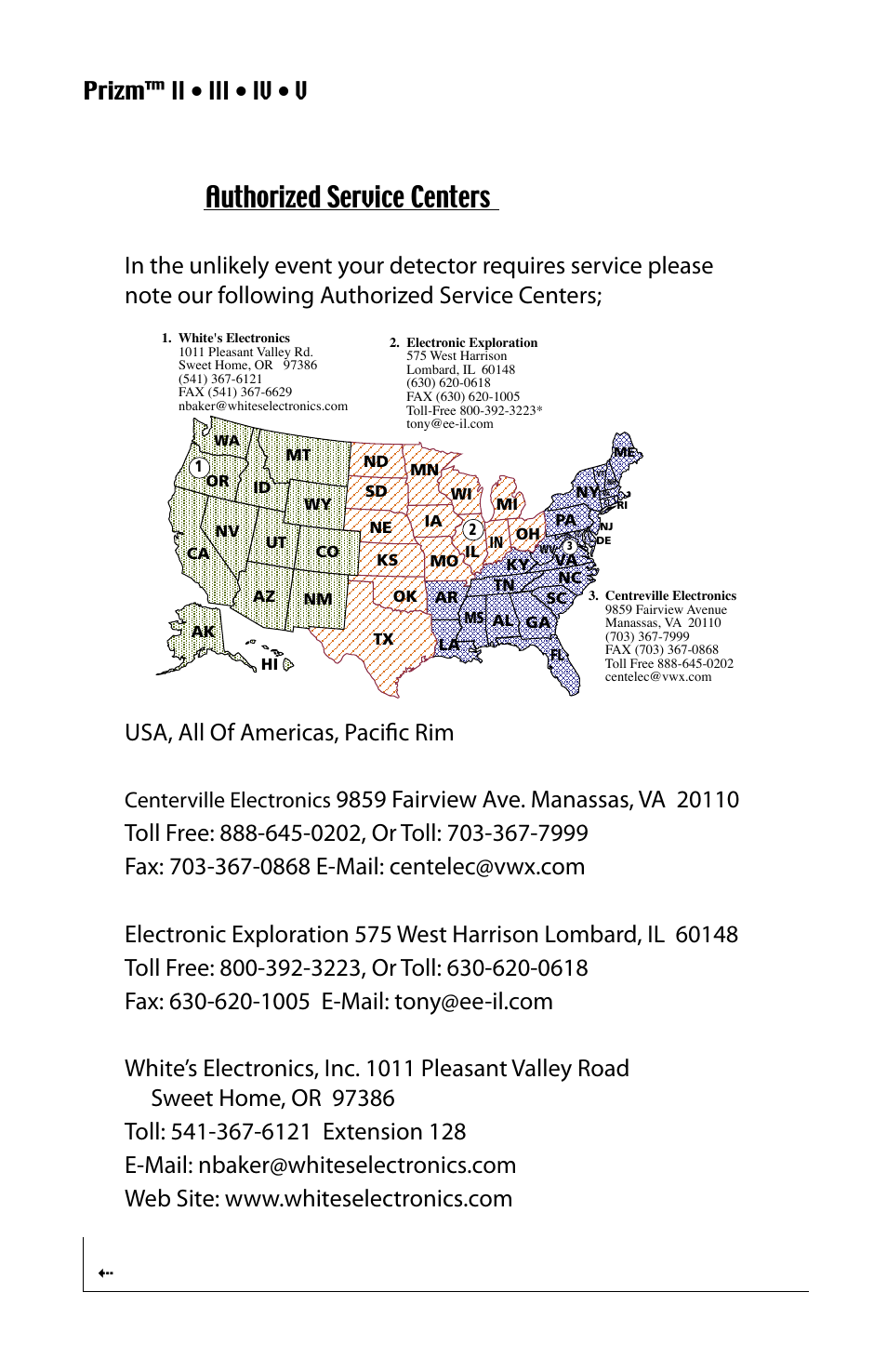 Authorized service centers, Prizm™ ii • iii • iv • v, Centerville.electronics | White’s Electronics Prizm Combined User Manual | Page 24 / 32