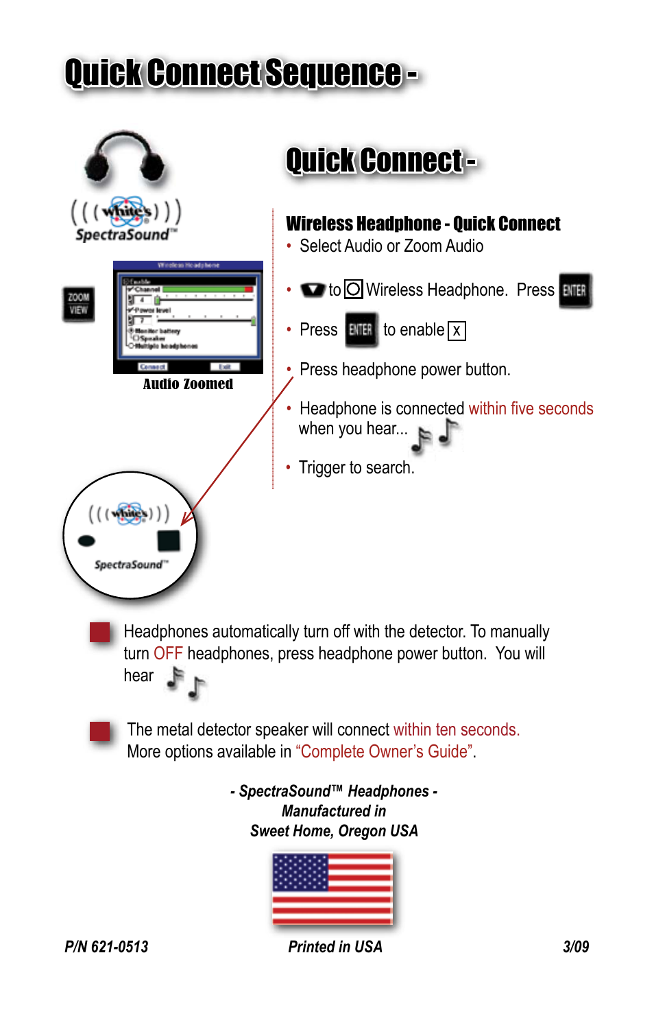Quick connect sequence, Quick connect | White’s Electronics Spectra V3 SpectraSound Wireless Headphone User Manual | Page 4 / 4
