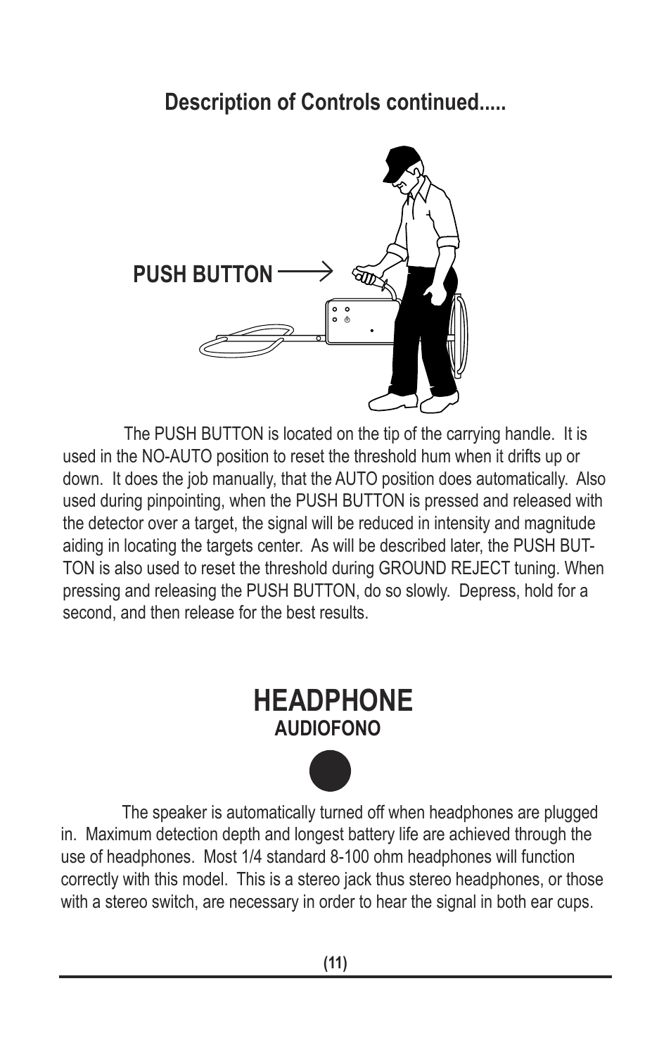 Headphone, Description of controls continued..... push button | White’s Electronics TM 808 User Manual | Page 11 / 40