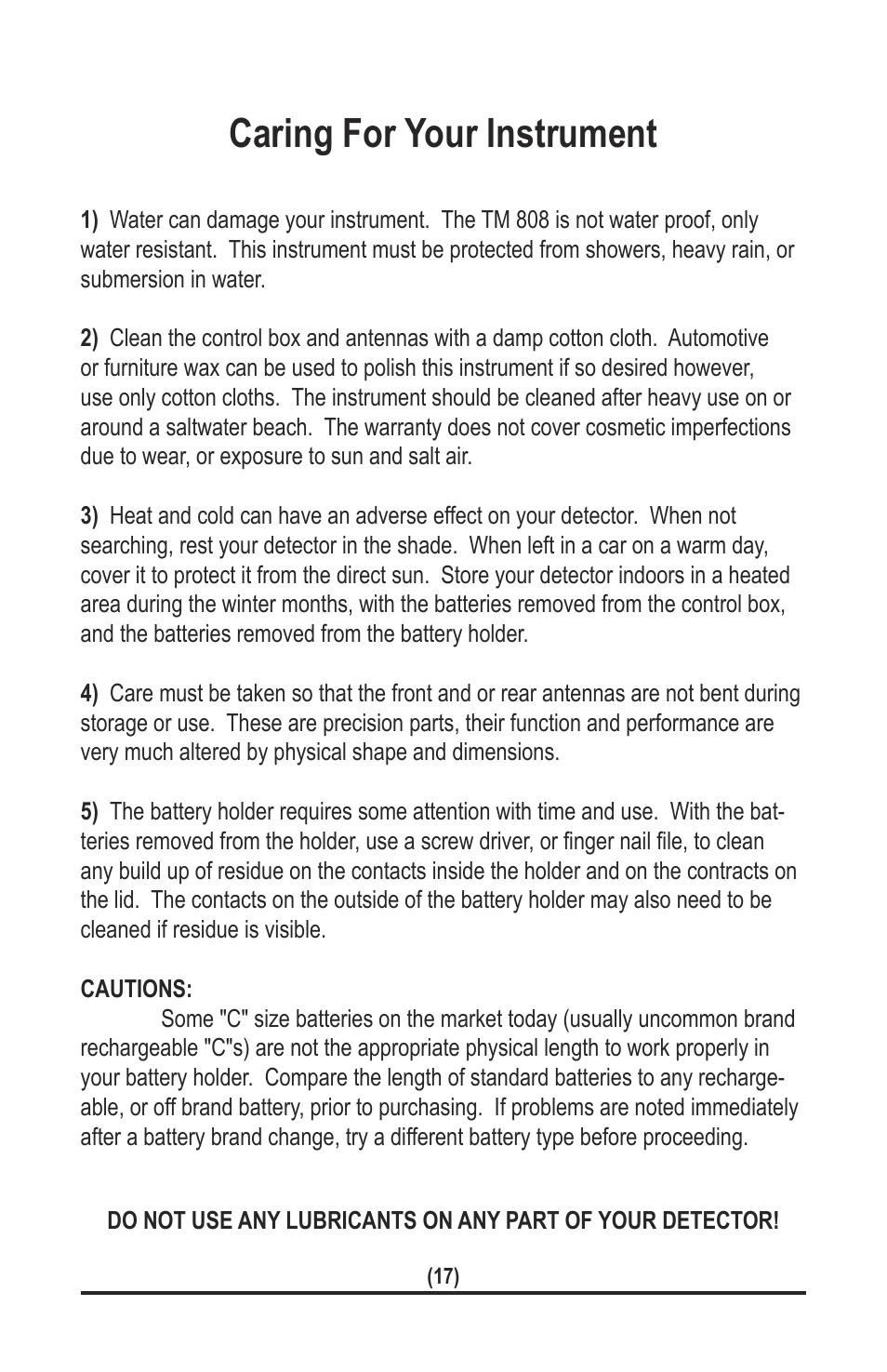 Caring for your instrument | White’s Electronics TM 808 User Manual | Page 17 / 40