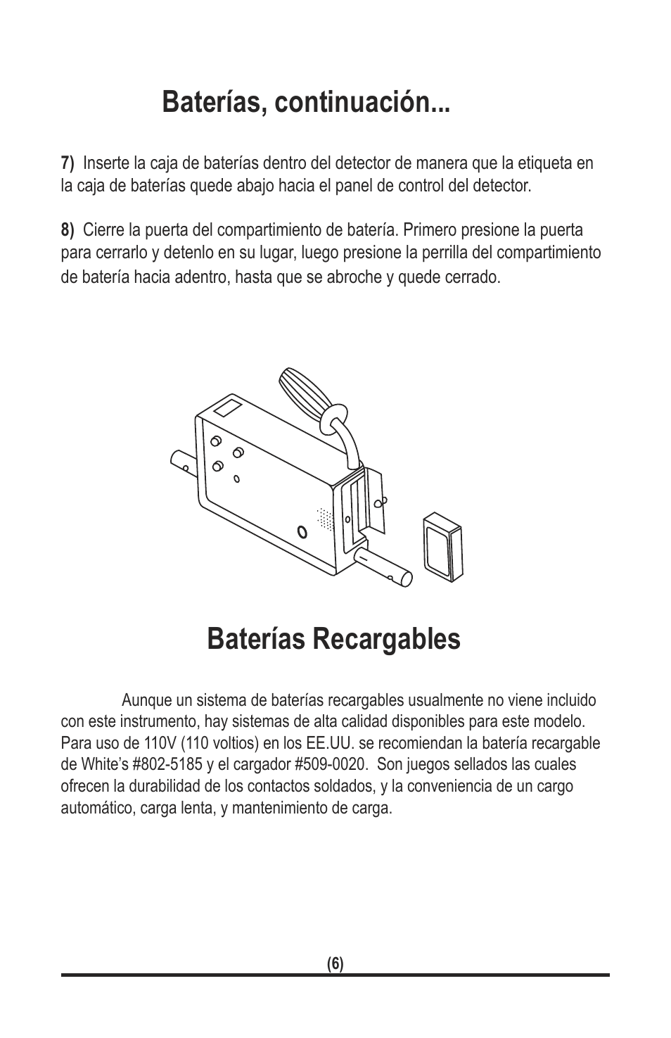 Baterías recargables, Baterías, continuación | White’s Electronics TM 808 User Manual | Page 26 / 40