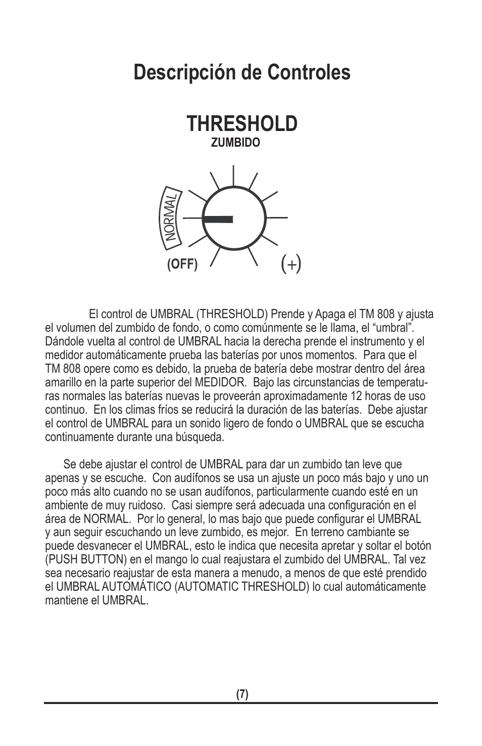Descripción de controles, Threshold | White’s Electronics TM 808 User Manual | Page 27 / 40