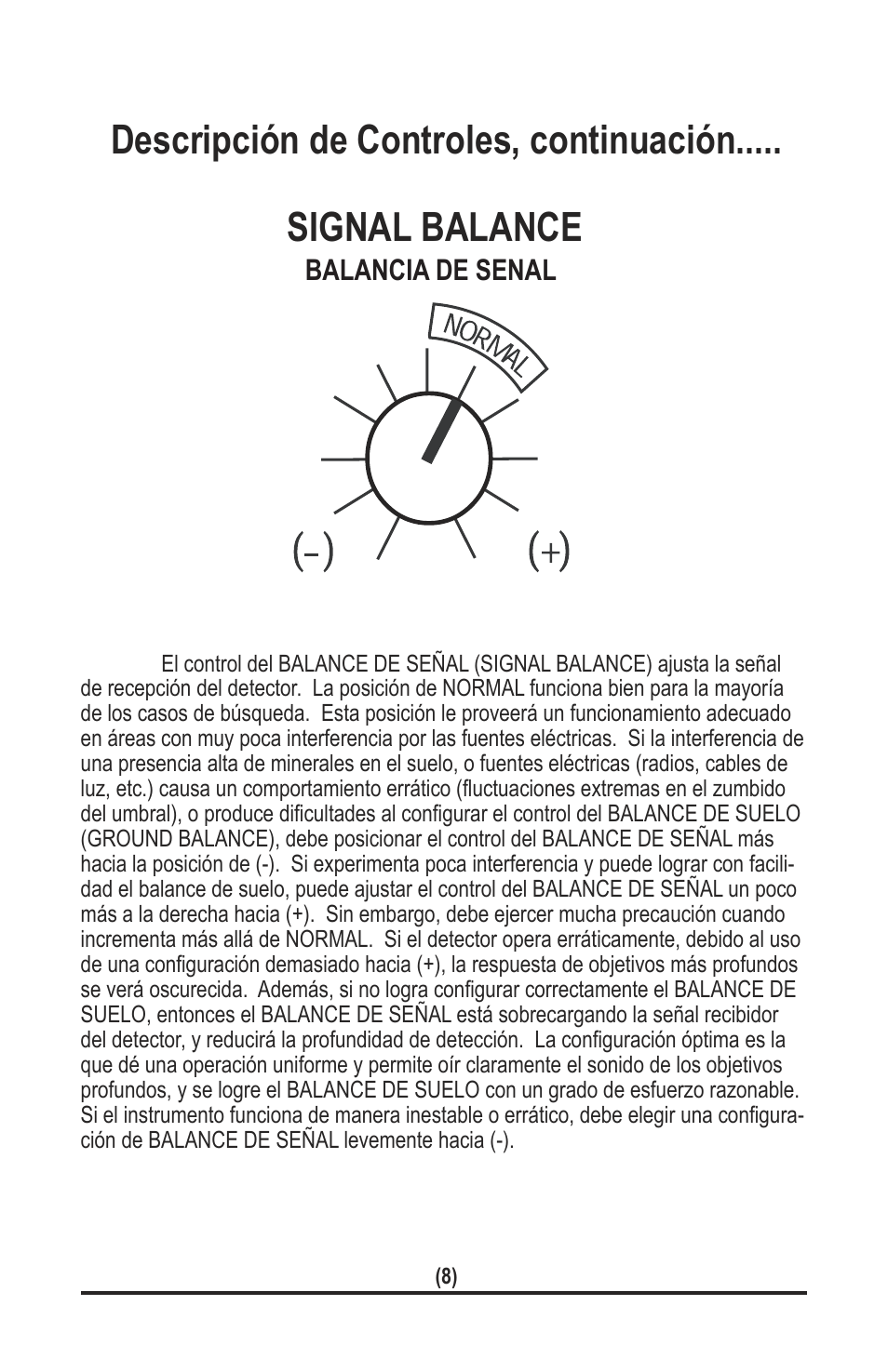 Descripción de controles, continuación, Signal balance, Balancia de senal | White’s Electronics TM 808 User Manual | Page 28 / 40
