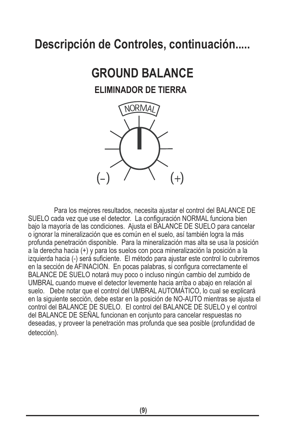 Descripción de controles, continuación, Ground balance, Eliminador de tierra | White’s Electronics TM 808 User Manual | Page 29 / 40