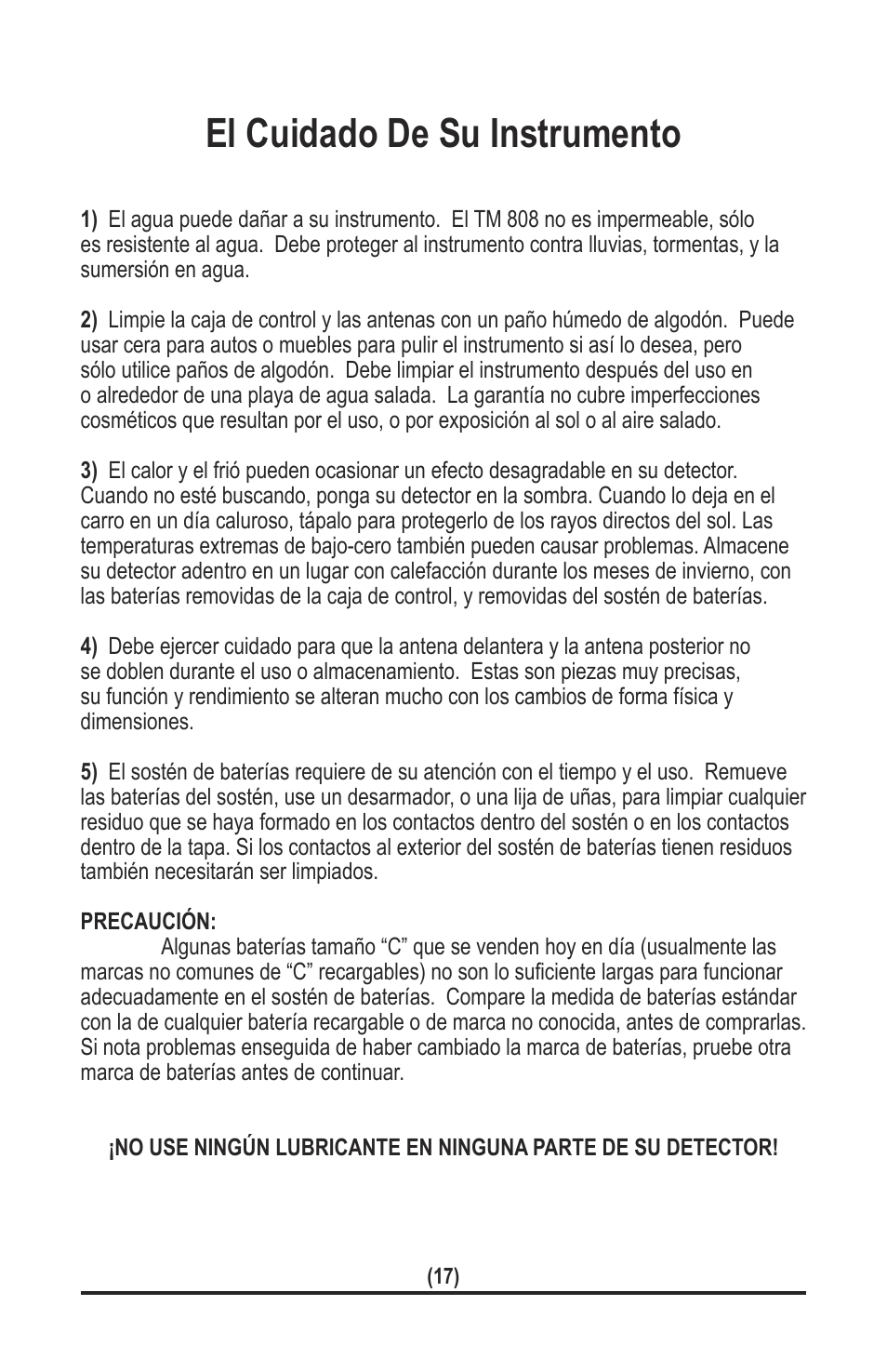 El cuidado de su instrumento | White’s Electronics TM 808 User Manual | Page 37 / 40