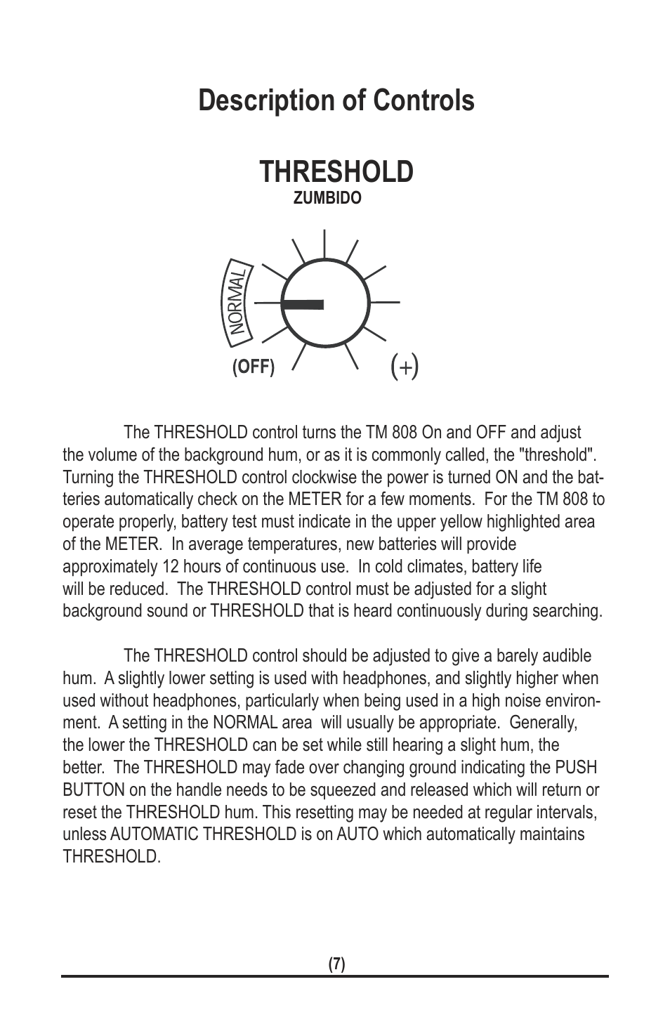 Description of controls, Threshold | White’s Electronics TM 808 User Manual | Page 7 / 40