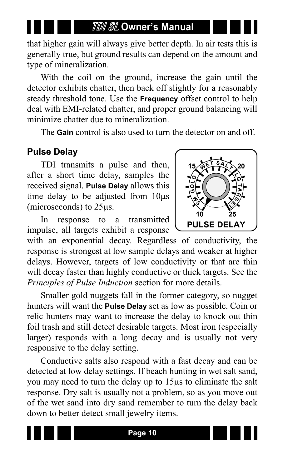 Pulse delay, Tdi sl, Owner’s manual | White’s Electronics TDI SL 7.5 and 12 User Manual | Page 10 / 24