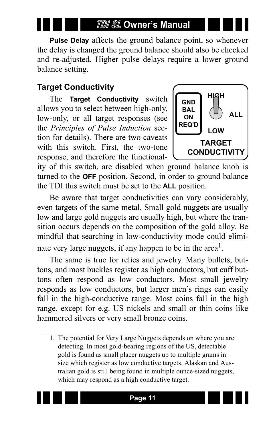 Target conductivity, Tdi sl, Owner’s manual | White’s Electronics TDI SL 7.5 and 12 User Manual | Page 11 / 24