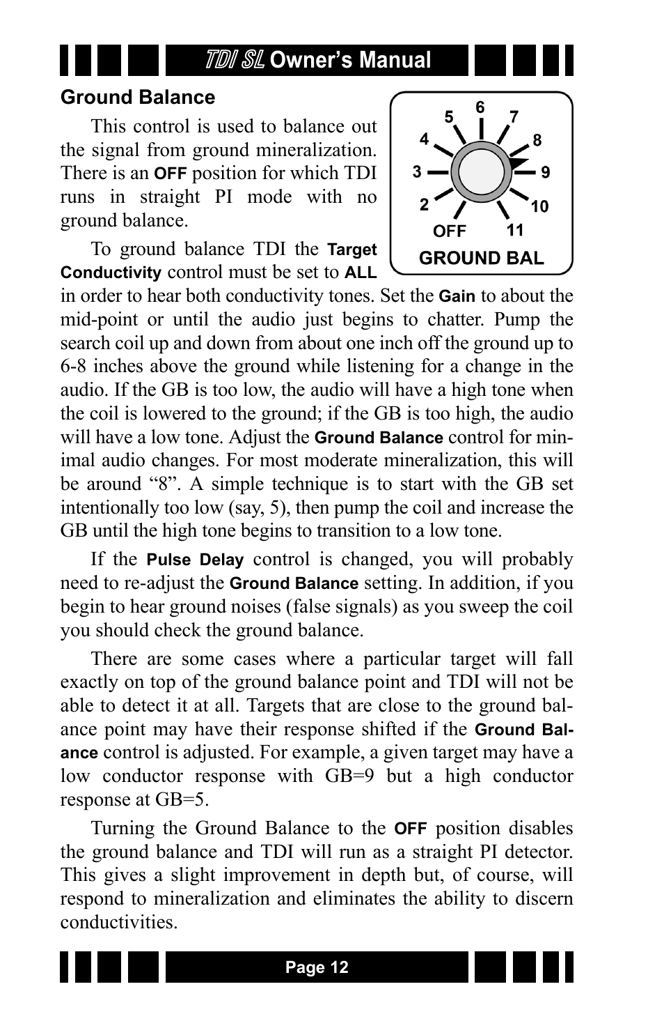 Ground balance, Tdi sl, Owner’s manual | White’s Electronics TDI SL 7.5 and 12 User Manual | Page 12 / 24