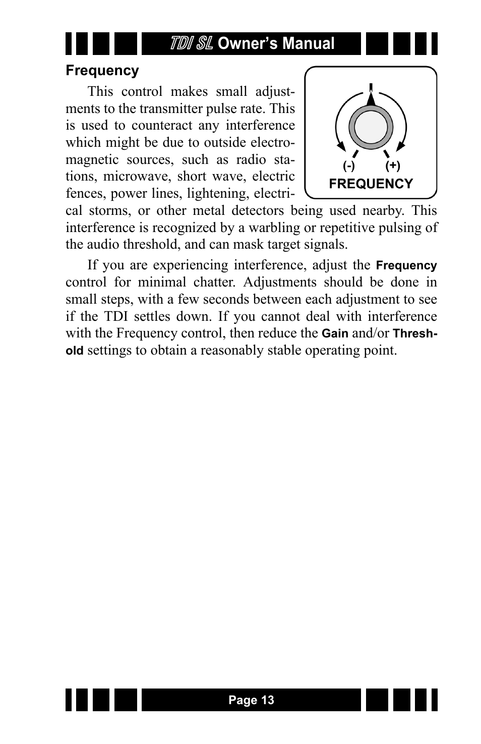 Frequency, Tdi sl, Owner’s manual | White’s Electronics TDI SL 7.5 and 12 User Manual | Page 13 / 24