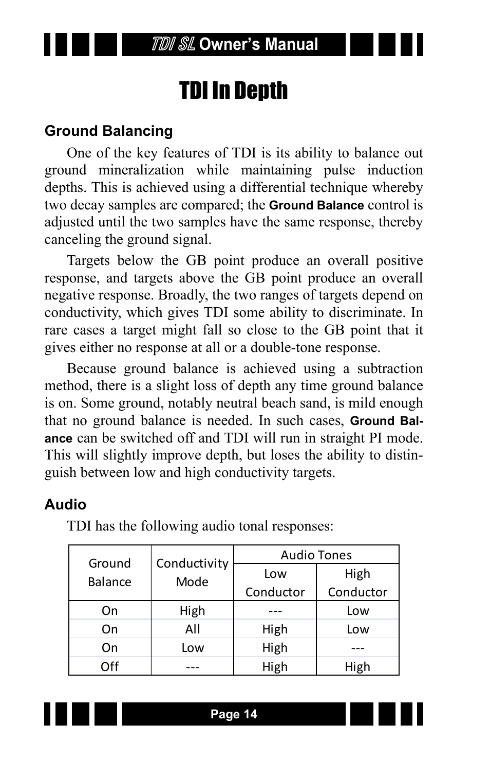 Tdi in depth, Ground balancing, Audio | Tdi sl, Owner’s manual | White’s Electronics TDI SL 7.5 and 12 User Manual | Page 14 / 24