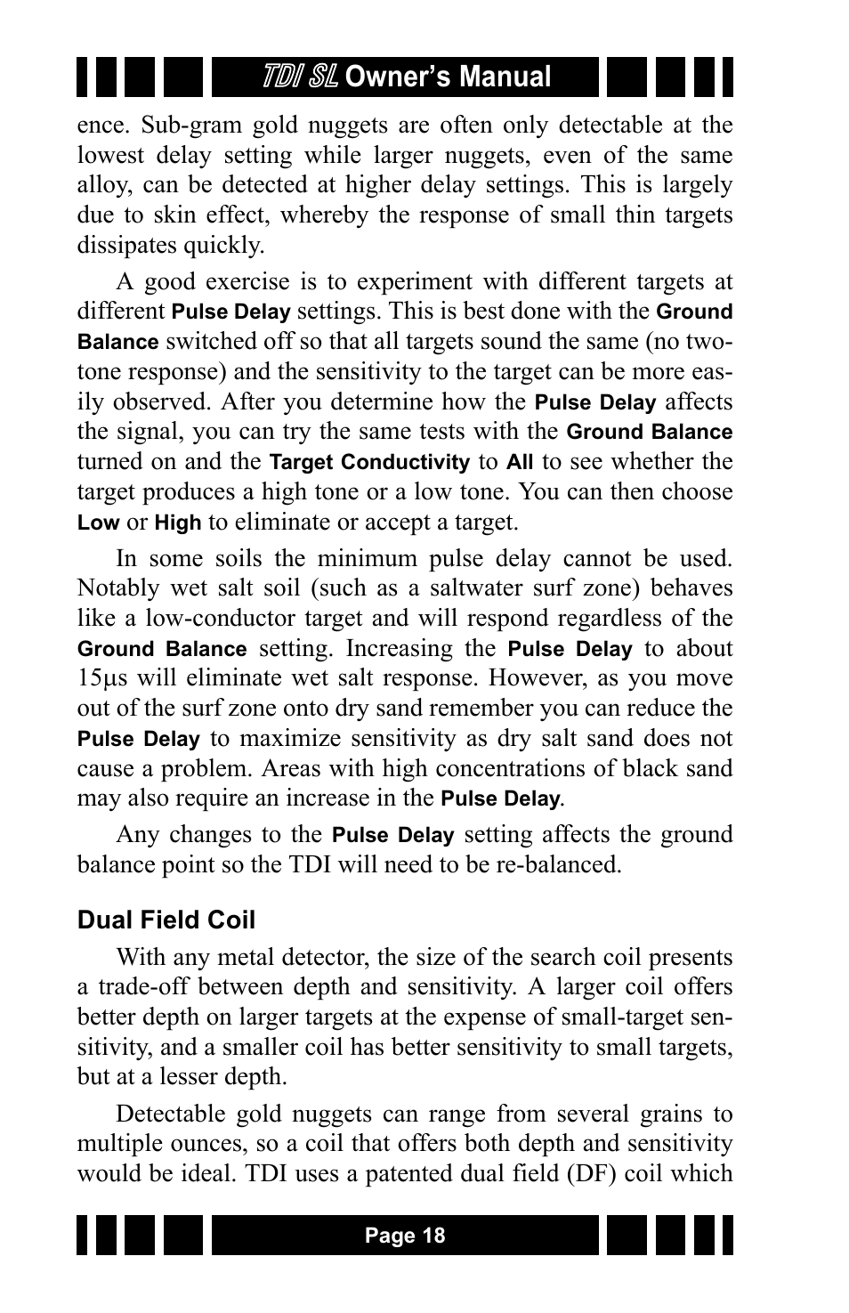 Dual field coil, Tdi sl, Owner’s manual | White’s Electronics TDI SL 7.5 and 12 User Manual | Page 18 / 24