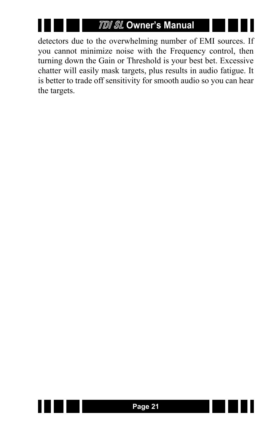 Tdi sl | White’s Electronics TDI SL 7.5 and 12 User Manual | Page 21 / 24