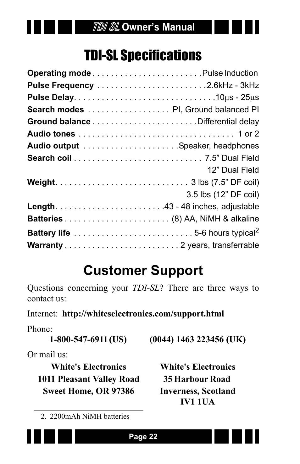 Tdi-sl specifications, Customer support, Tdi sl | Owner’s manual | White’s Electronics TDI SL 7.5 and 12 User Manual | Page 22 / 24