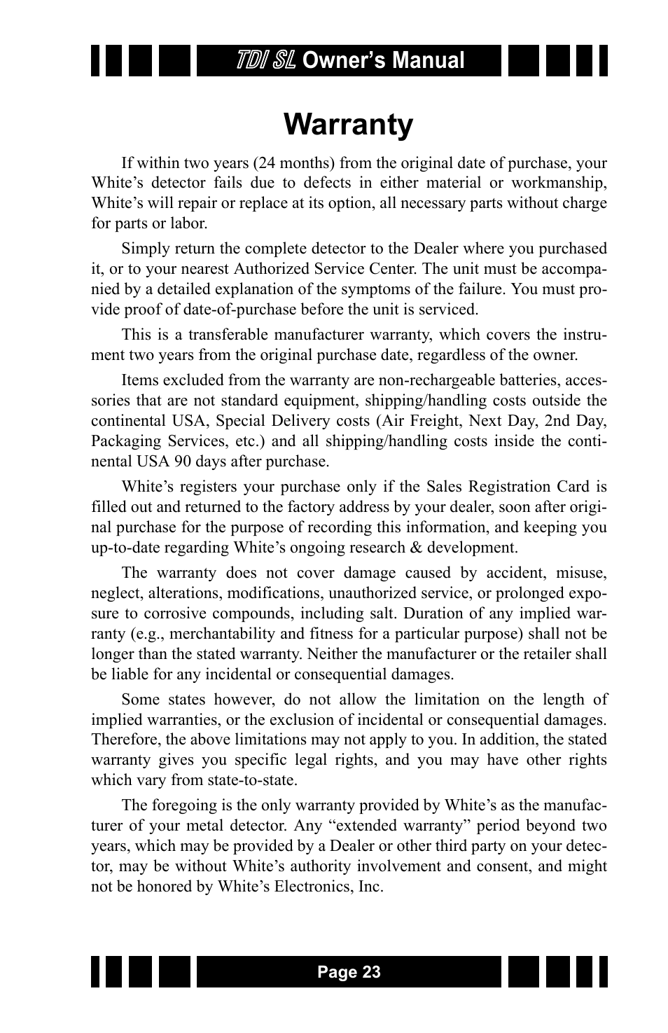 Warranty, Tdi sl, Owner’s manual | White’s Electronics TDI SL 7.5 and 12 User Manual | Page 23 / 24