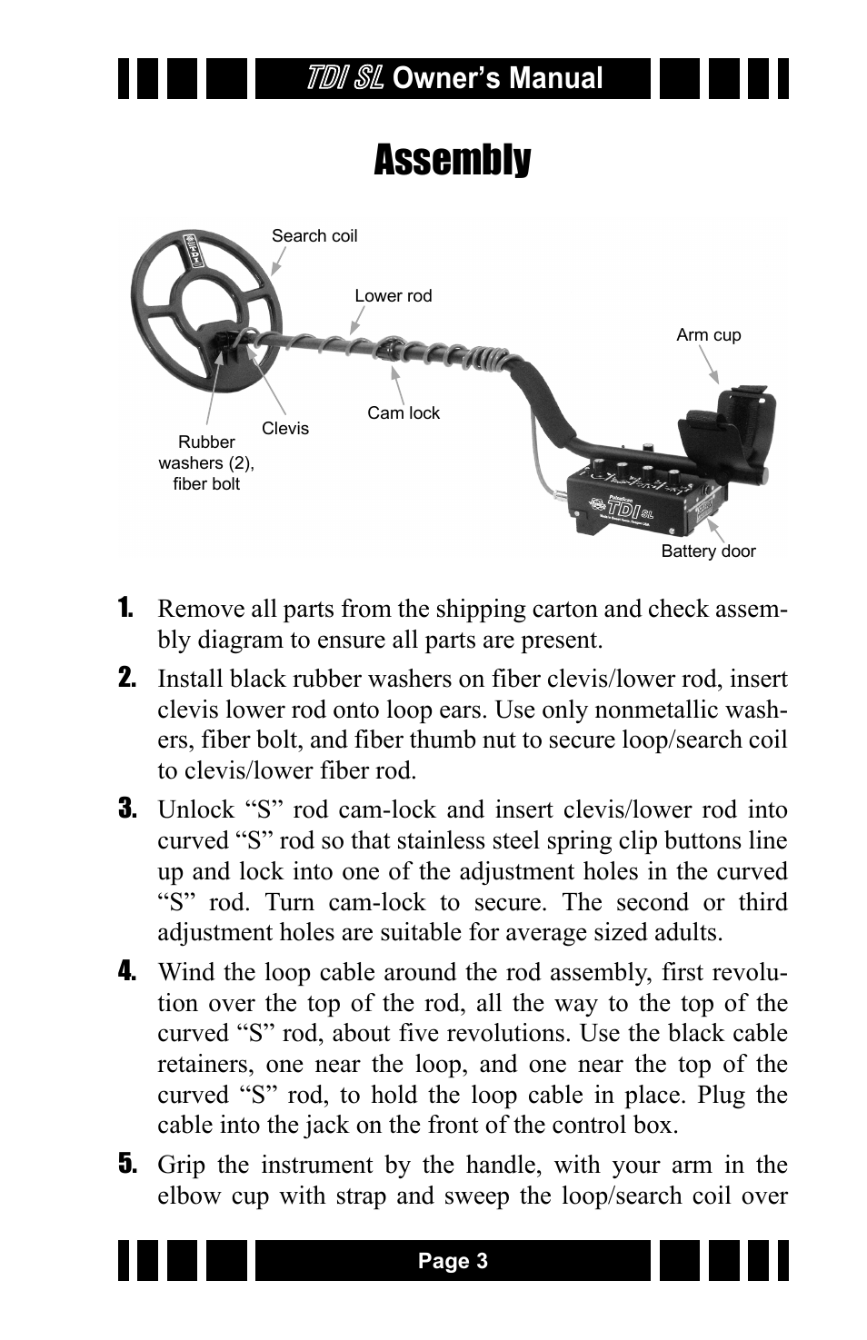 Assembly, Tdi sl, Owner’s manual | White’s Electronics TDI SL 7.5 and 12 User Manual | Page 3 / 24