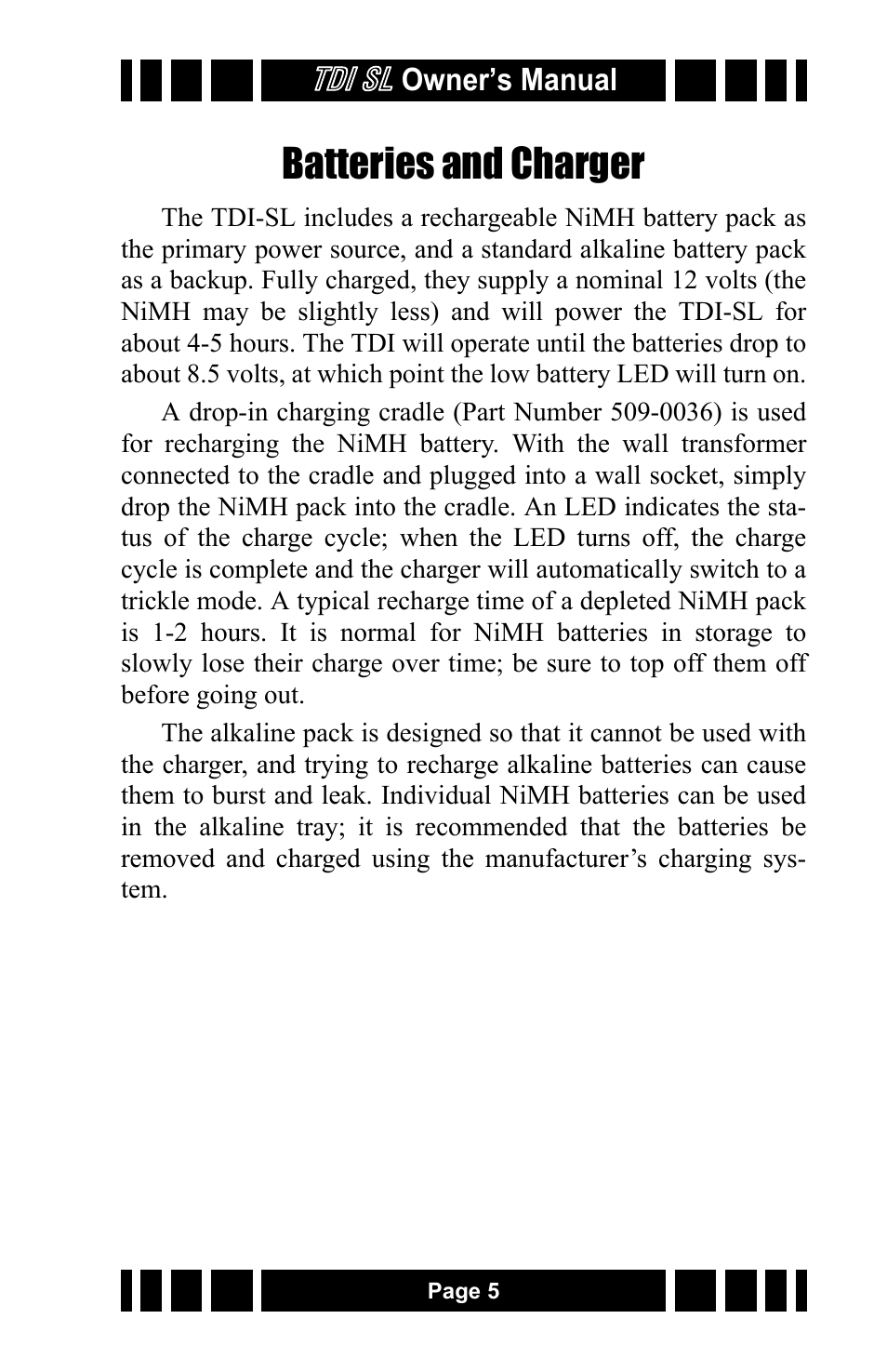 Batteries and charger, Tdi sl | White’s Electronics TDI SL 7.5 and 12 User Manual | Page 5 / 24