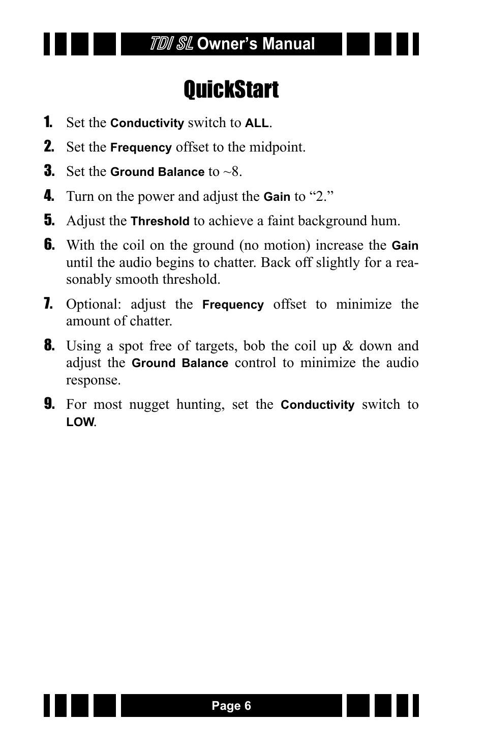 Quickstart, Tdi sl, Owner’s manual | White’s Electronics TDI SL 7.5 and 12 User Manual | Page 6 / 24