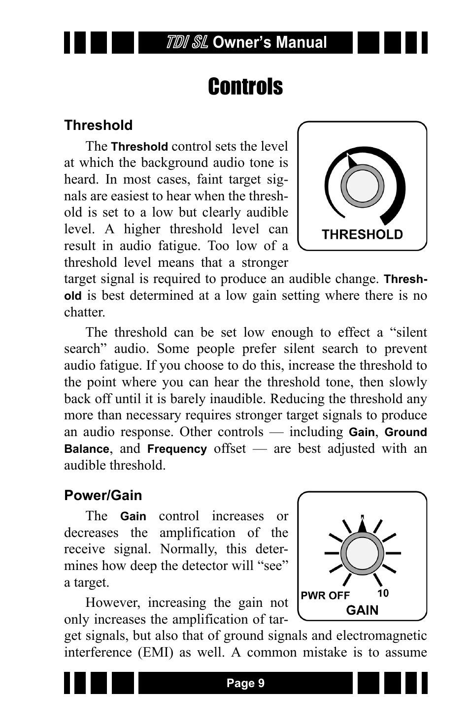 Controls, Threshold, Power/gain | Tdi sl, Owner’s manual | White’s Electronics TDI SL 7.5 and 12 User Manual | Page 9 / 24