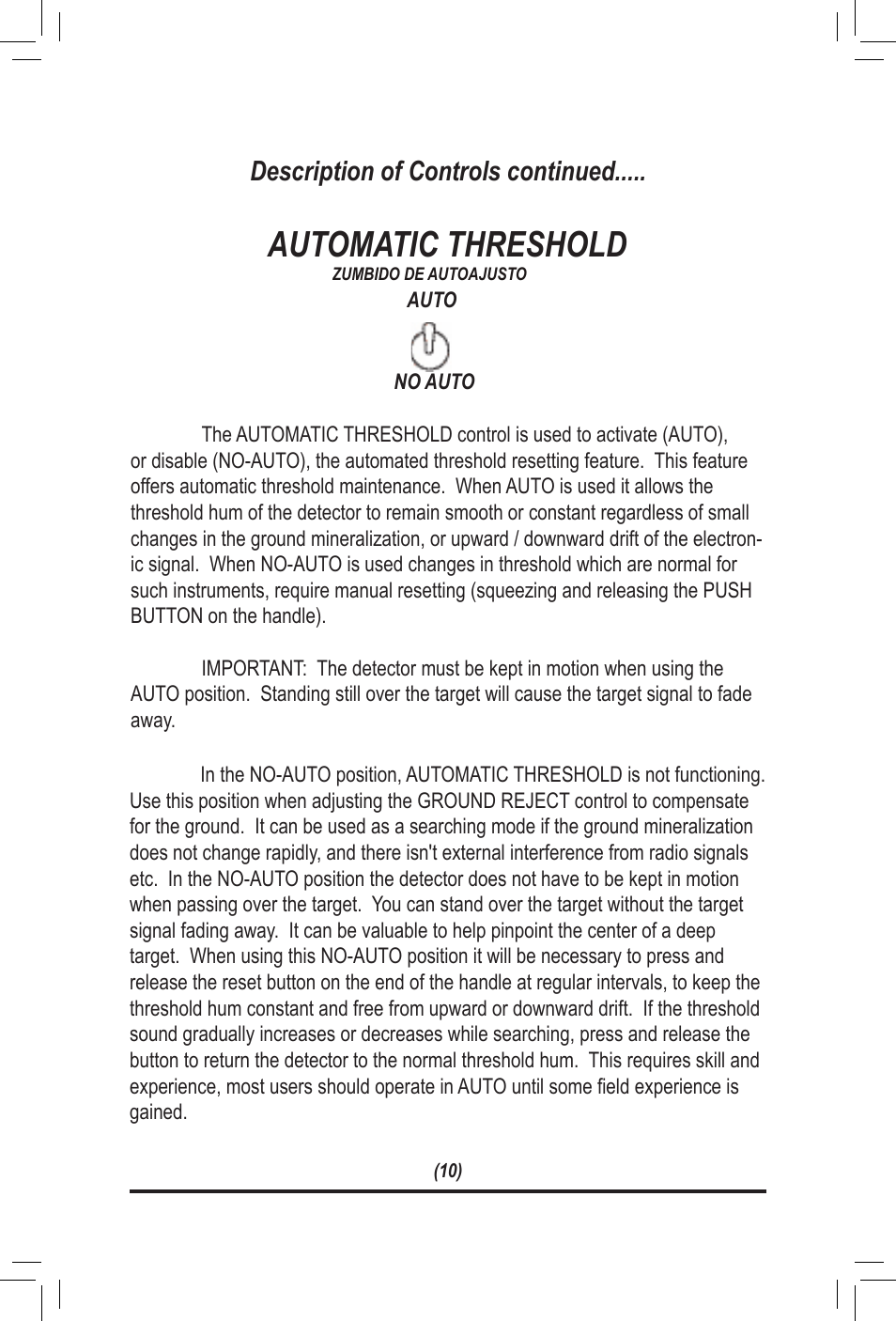 Automatic threshold, Description of controls continued | White’s Electronics TM 808 User Manual | Page 10 / 20