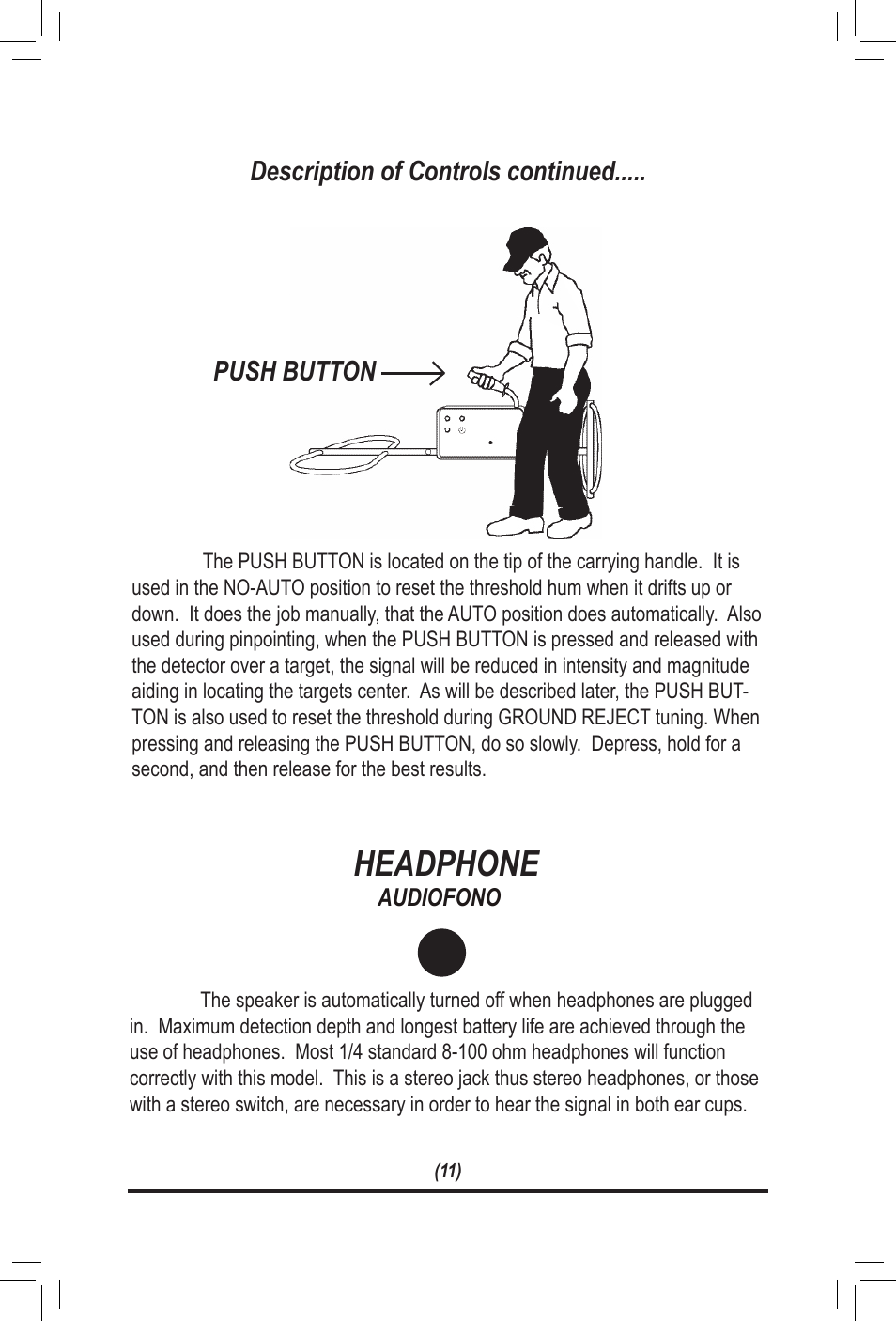 Headphone, Description of controls continued..... push button | White’s Electronics TM 808 User Manual | Page 11 / 20