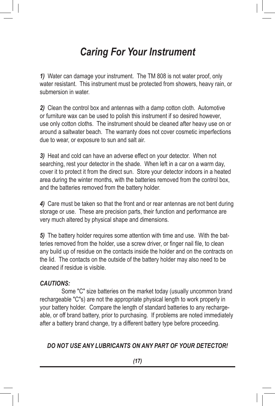 Caring for your instrument | White’s Electronics TM 808 User Manual | Page 17 / 20