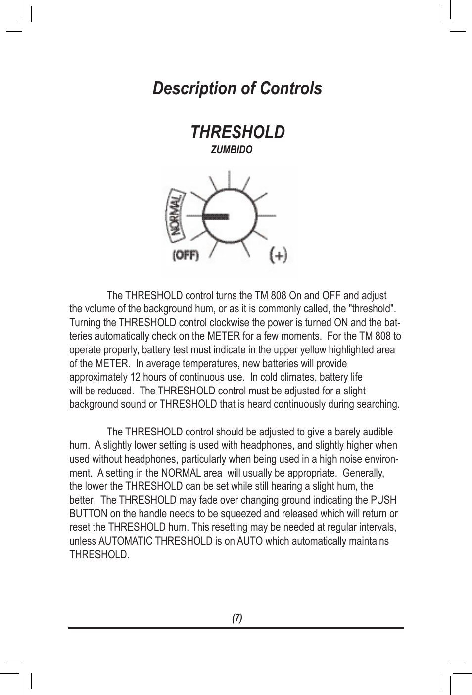 Rechargeable batteries, Description of controls, Threshold | White’s Electronics TM 808 User Manual | Page 7 / 20