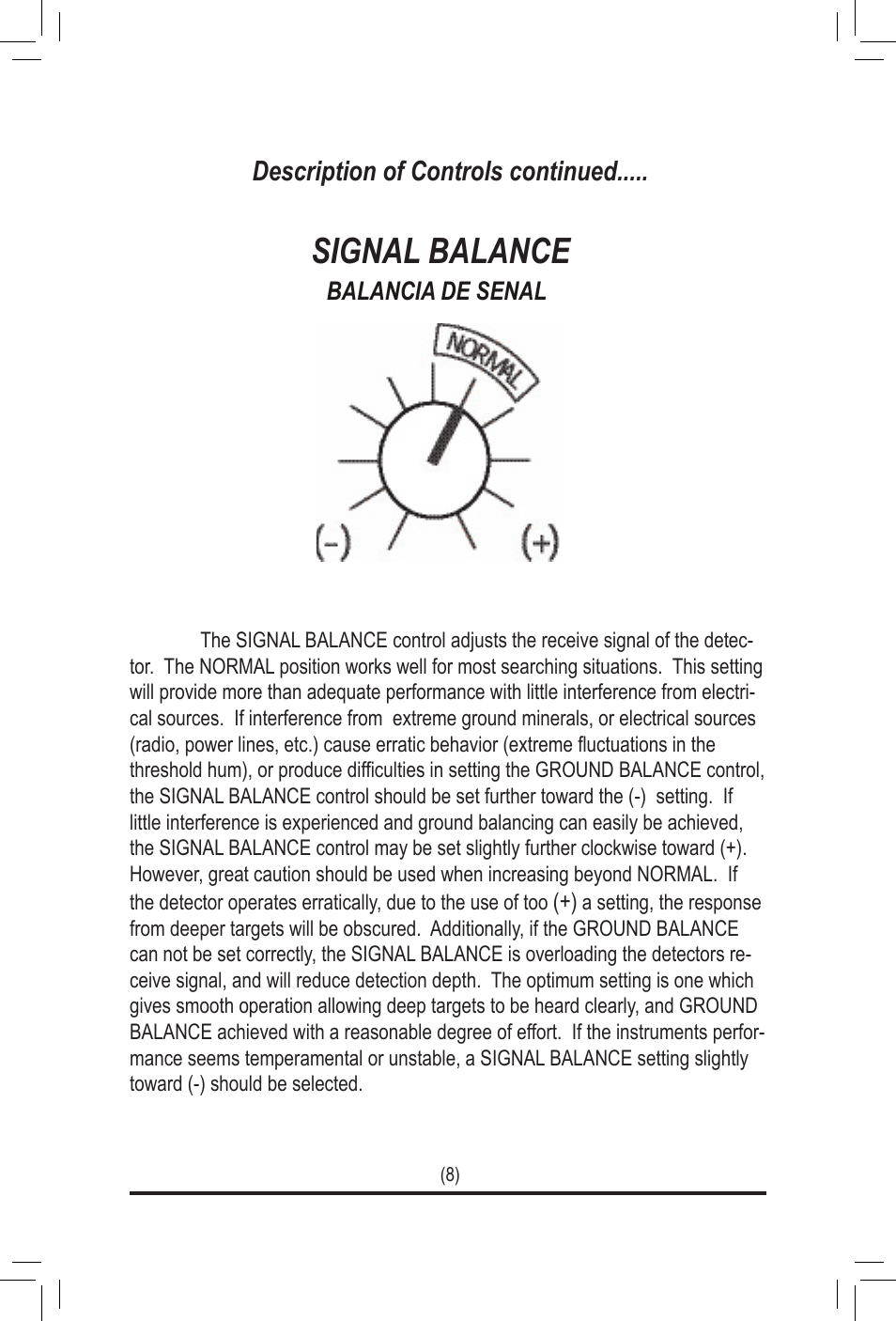Signal balance, Description of controls continued | White’s Electronics TM 808 User Manual | Page 8 / 20
