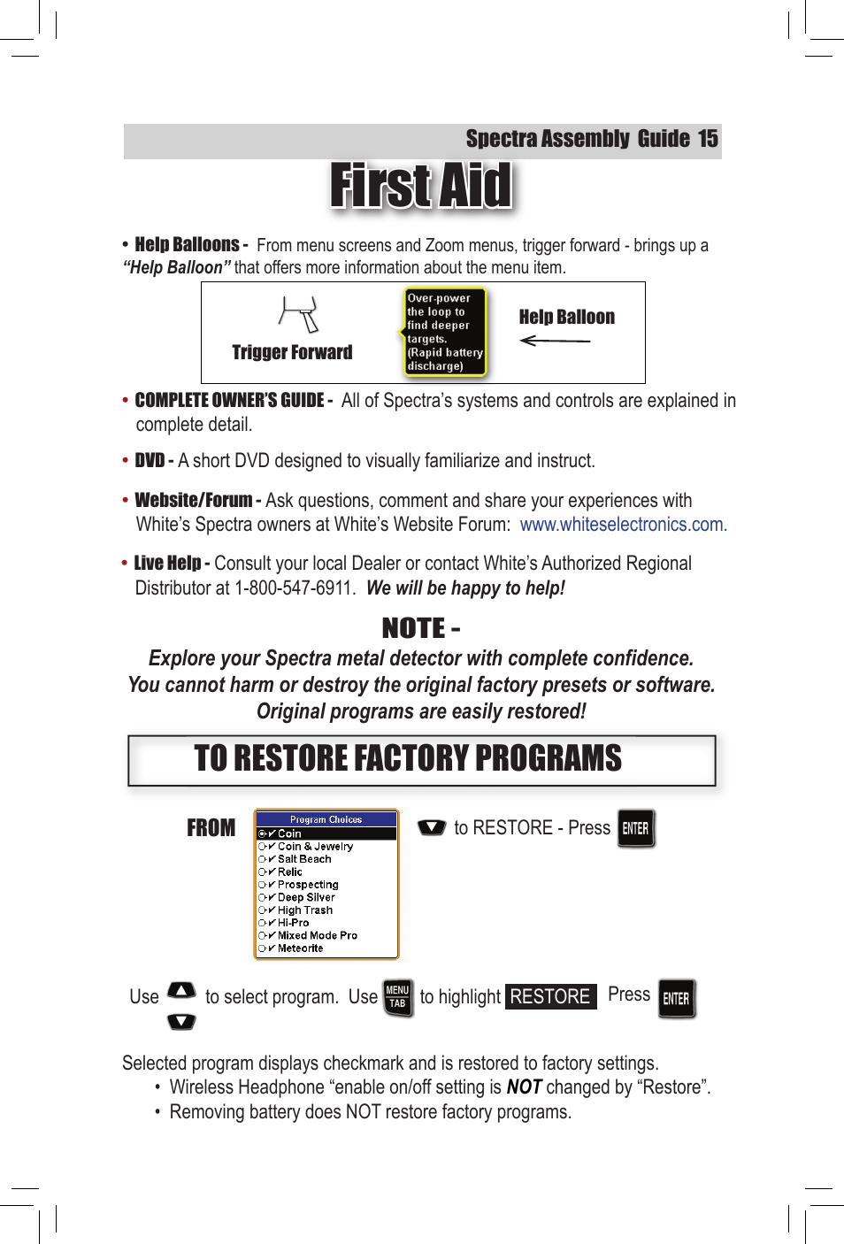 First aid | White’s Electronics Spectra V3 Assembly Guide User Manual | Page 15 / 16