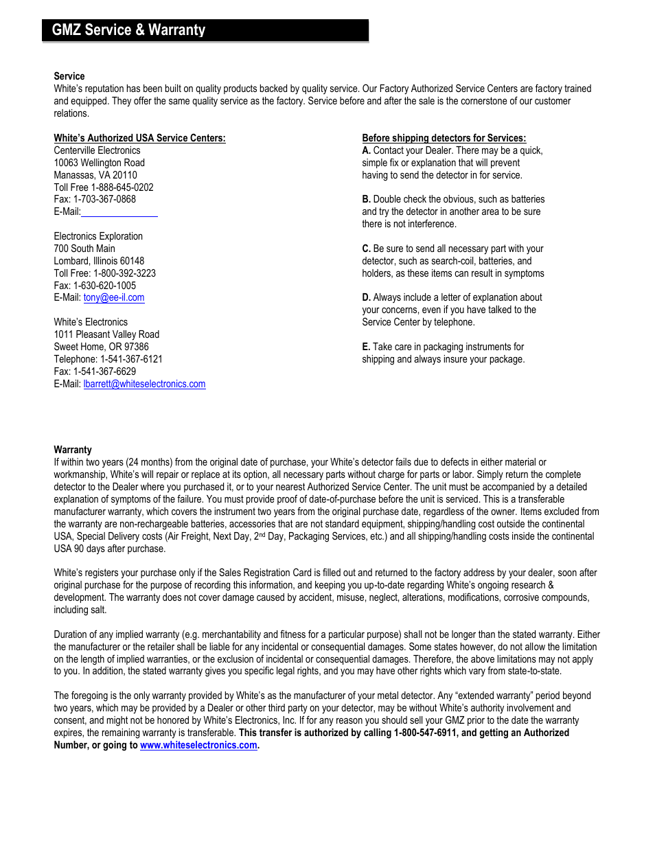 Gmz service & warranty information | White’s Electronics GMZ User Manual | Page 4 / 4