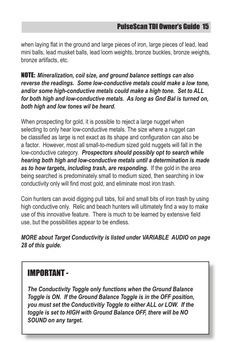 Important | White’s Electronics TDI User Manual | Page 15 / 40