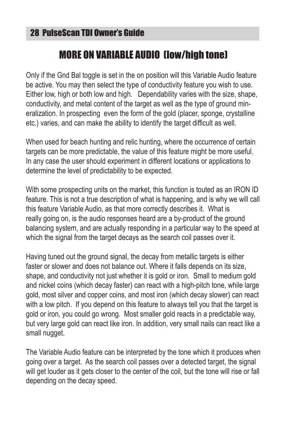 More on variable audio (low/high tone) | White’s Electronics TDI User Manual | Page 28 / 40