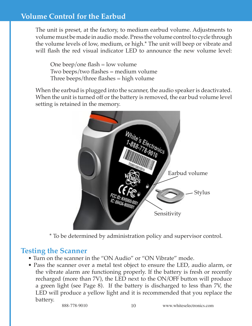 Volume control for the earbud, Testing the scanner | White’s Electronics Matrix 100 - Color User Manual | Page 10 / 24