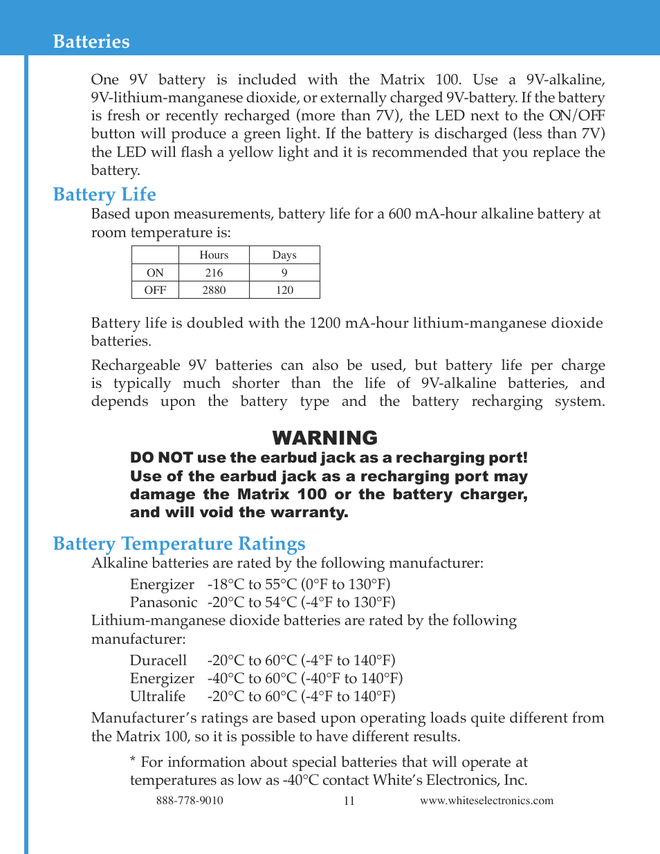 Battery life, Warning, Battery temperature ratings | Batteries | White’s Electronics Matrix 100 - Color User Manual | Page 11 / 24